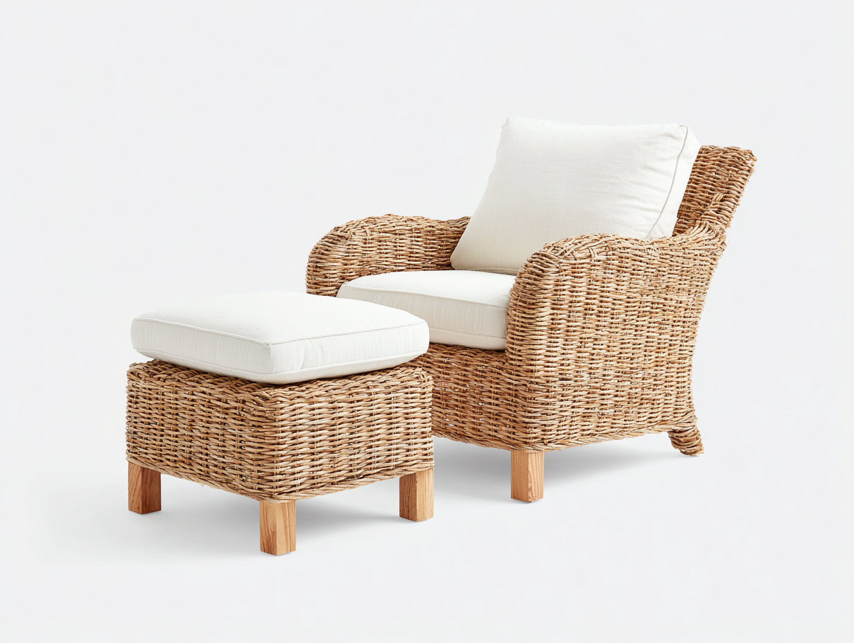 Fauteuil de jardin - Rotin-Tissu-Bois - 84x81x90 cm - Naturel clair-Blanc cassé - Style côtier