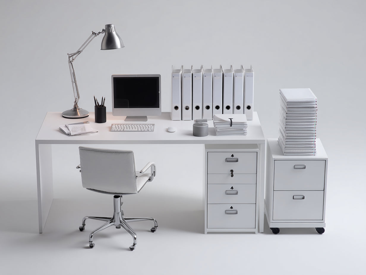 Bureau - Panneau de fibres de bois-Métal - 150 x 65 x 75 cm - Blanc - Style contemporain avec rangement mobile