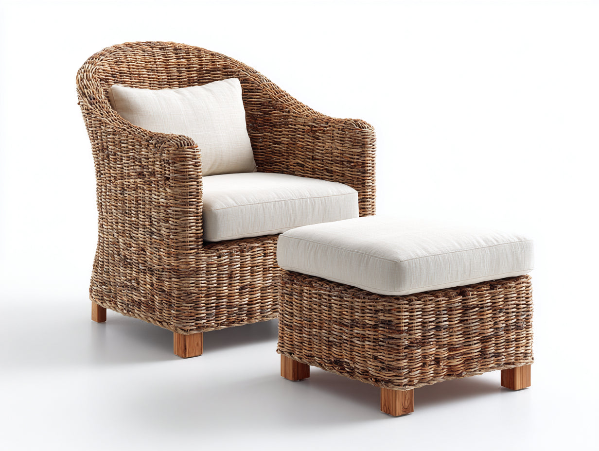 Fauteuil de jardin - Rotin - Tissu - 82x78x88 cm - Beige naturel - Style bohème