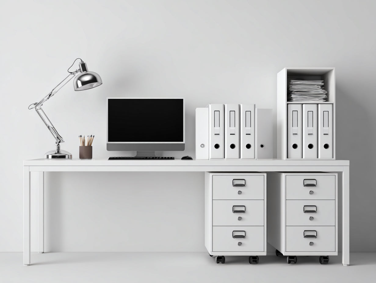 Bureau - Panneau de fibres de bois-Métal - 180 x 70 x 75 cm - Blanc - Style minimaliste avec caissons mobiles