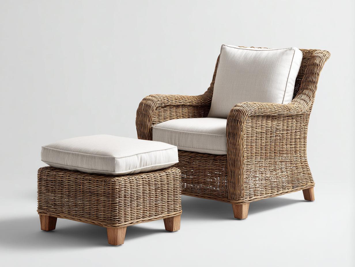 Fauteuil de jardin - Rotin-Tissu-Bois - 86x83x96 cm - Taupe naturel-Ivoire - Style classique