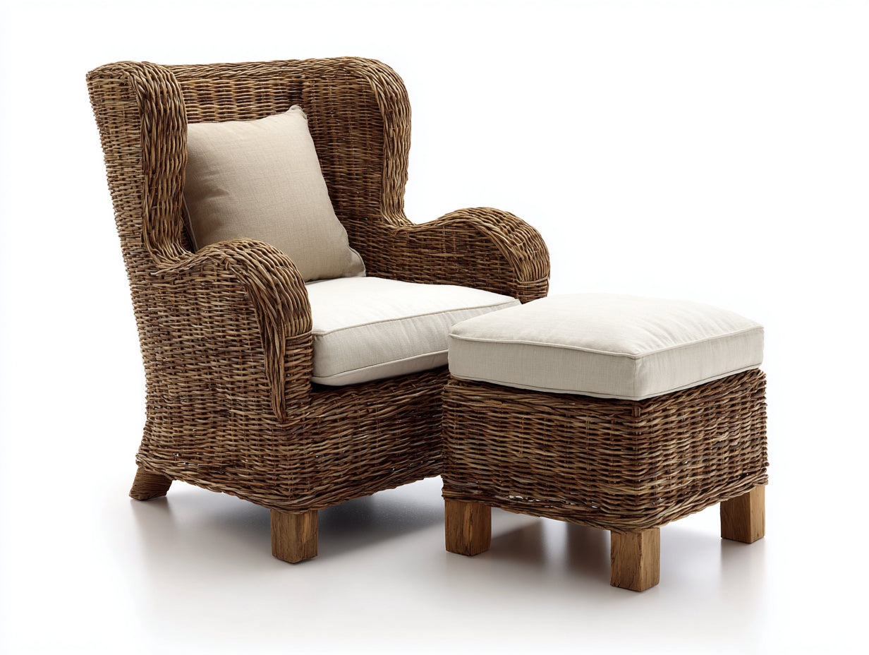 Fauteuil de jardin - Rotin-Tissu-Bois - 88x84x104 cm - Brun foncé-Beige - Style rustique
