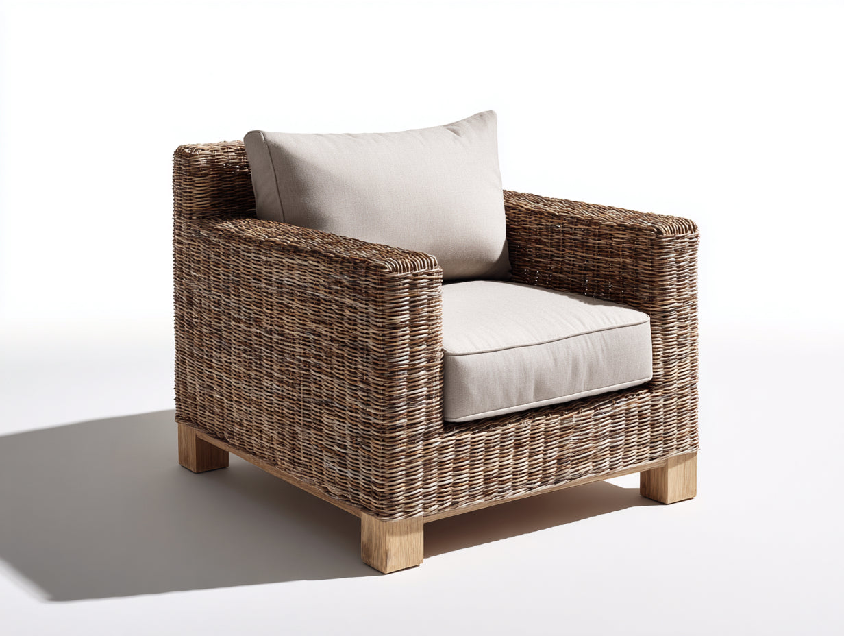 Fauteuil de jardin - Rotin-Tissu-Bois - 84x82x79 cm - Brun naturel-Beige clair - Style contemporain