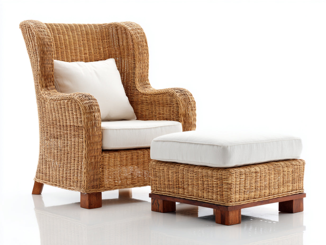 Fauteuil de jardin - Rotin-Tissu-Bois - 84x80x106 cm - Miel-Blanc cassé - Style colonial