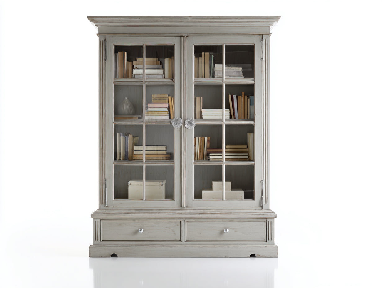 Bibliothèque - Bois-verre-métal - 116 x 44 x 193 cm - Gris perle-Blanc vieilli-Transparent-Argenté - Style classique patiné