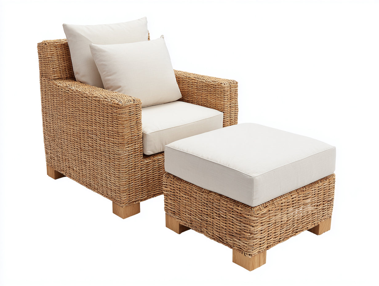 Fauteuil de jardin - Rotin-Tissu-Bois - 87x83x88 cm - Miel naturel-Ivoire - Style moderne