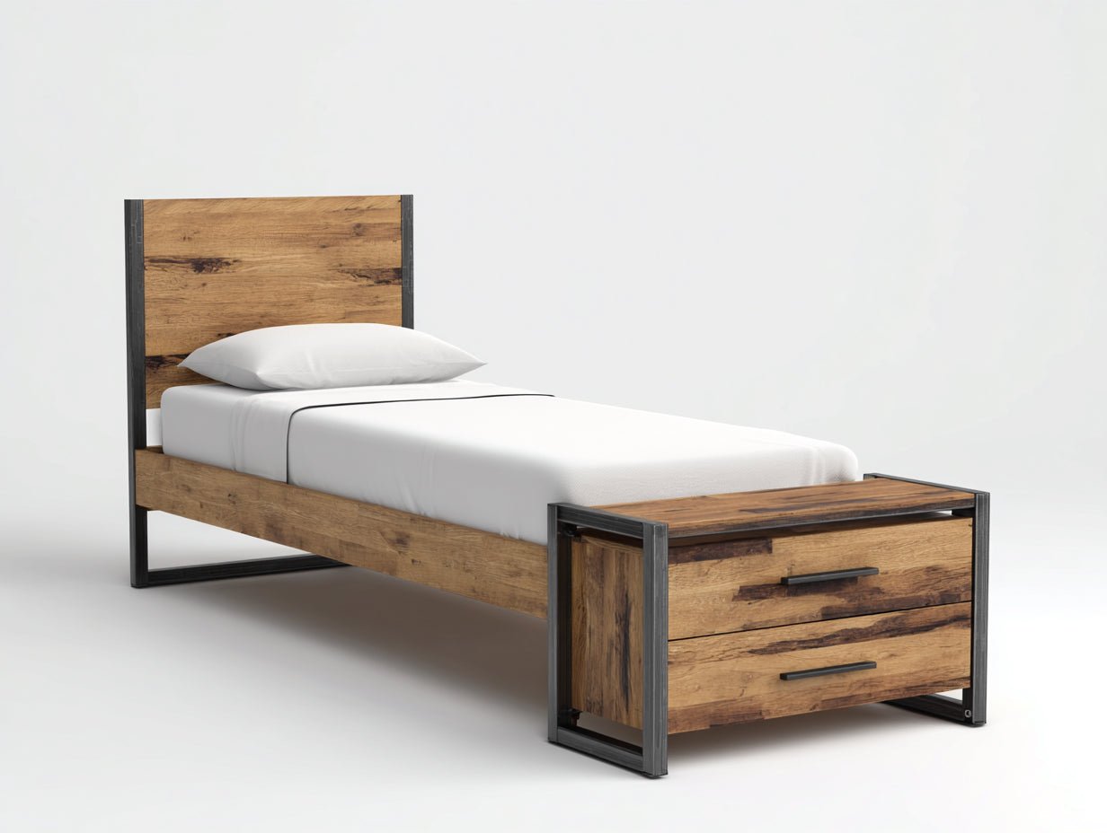Lit simple - Bois-Métal - 218 x 102 x 112 cm - Bois rustique-Noir - Style industriel