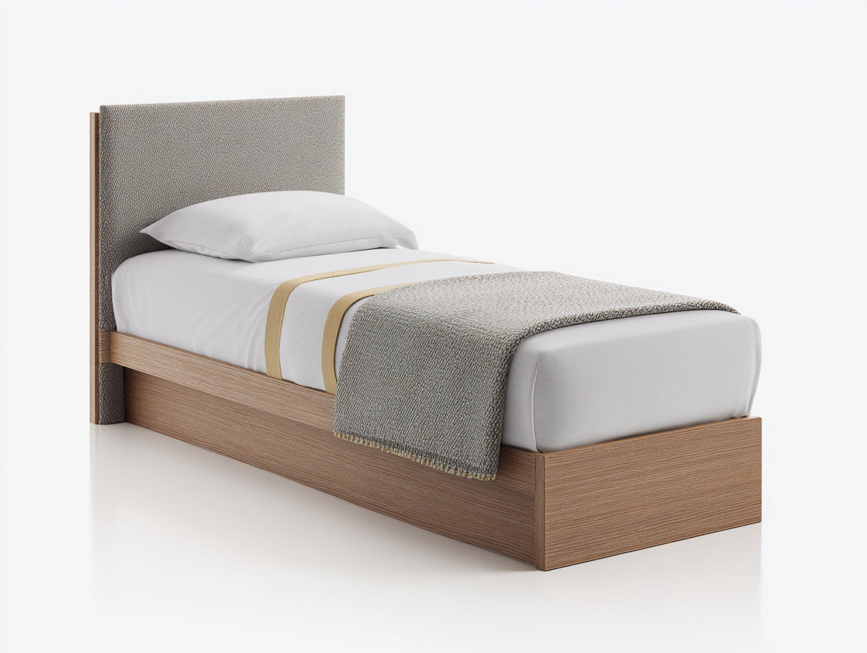 Lit simple - Bois-Tissu - 208 x 98 x 110 cm - Chêne clair-Gris taupe - Style contemporain