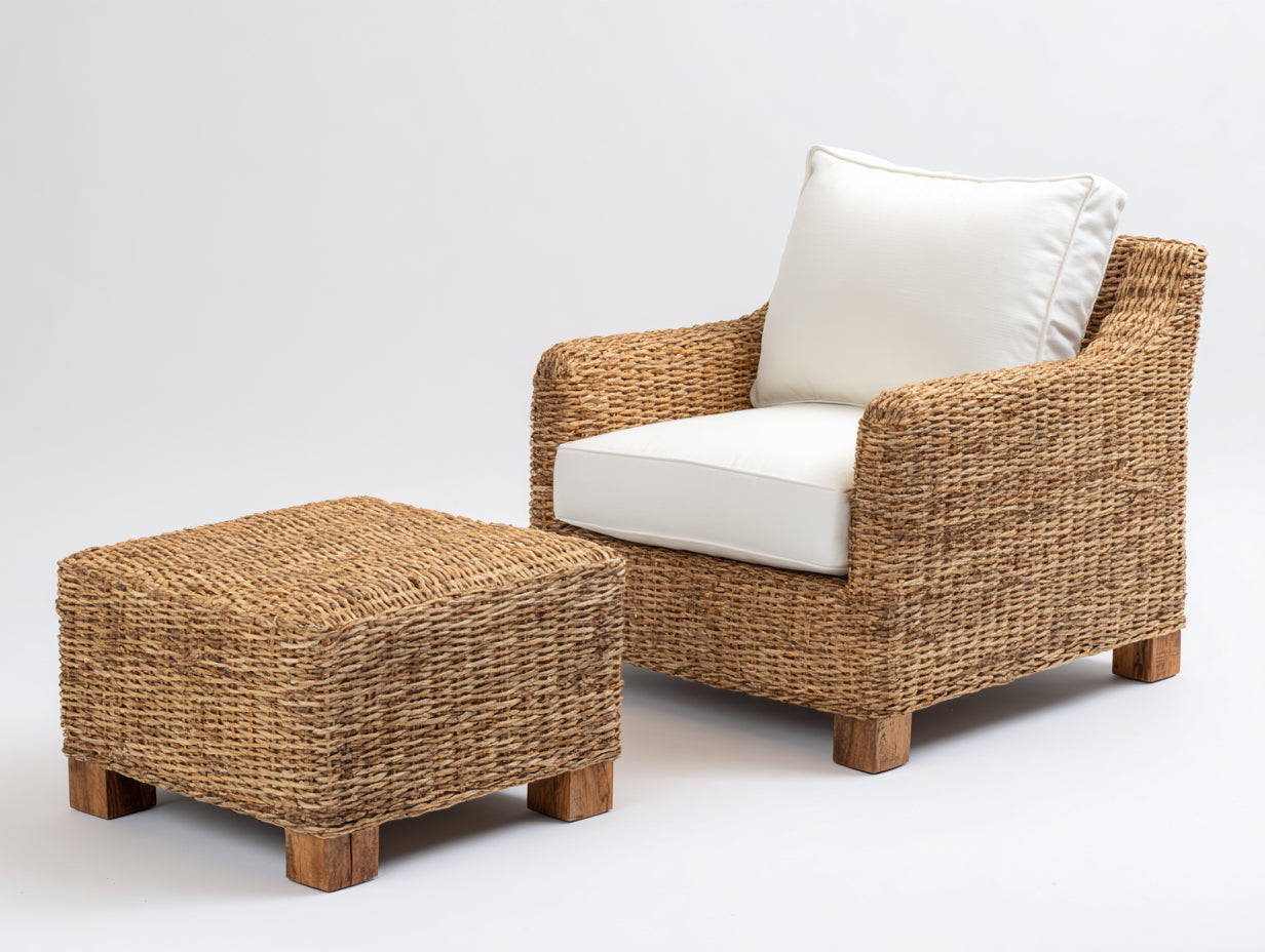 Fauteuil de jardin - Rotin-Tissu-Bois - 87x82x88 cm - Naturel-Blanc cassé - Style contemporain