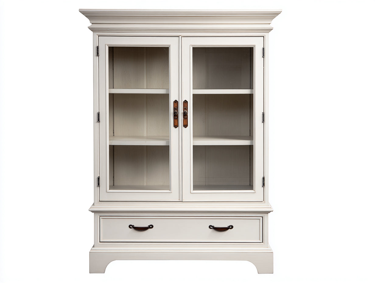 Bibliothèque - Bois-verre-métal - 108 x 45 x 189 cm - Blanc cassé-Marron foncé-Bronze-Transparent - Style campagne classique