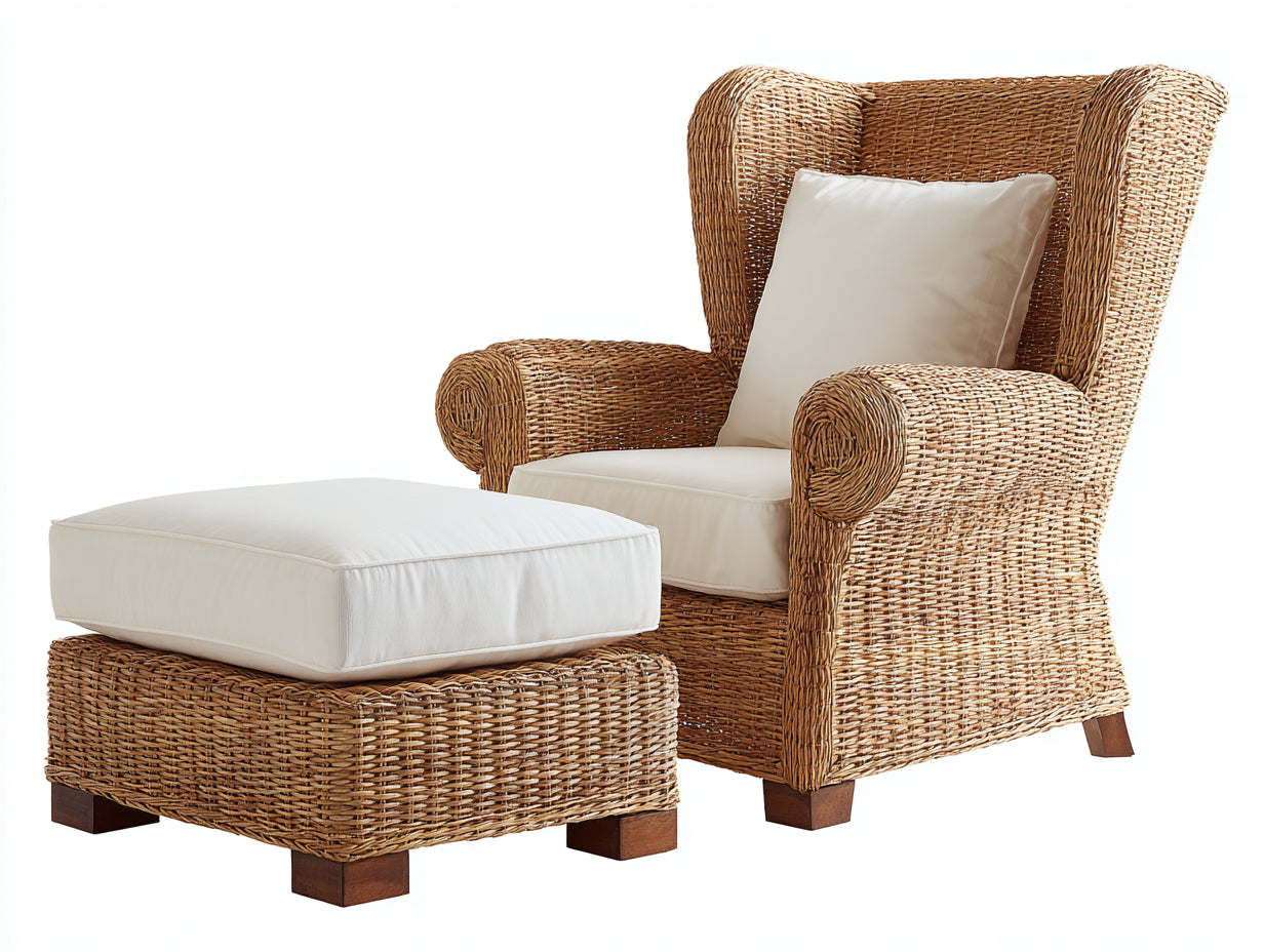 Fauteuil de jardin - Rotin-Tissu-Bois - 90x85x105 cm - Naturel clair-Crème - Style campagne