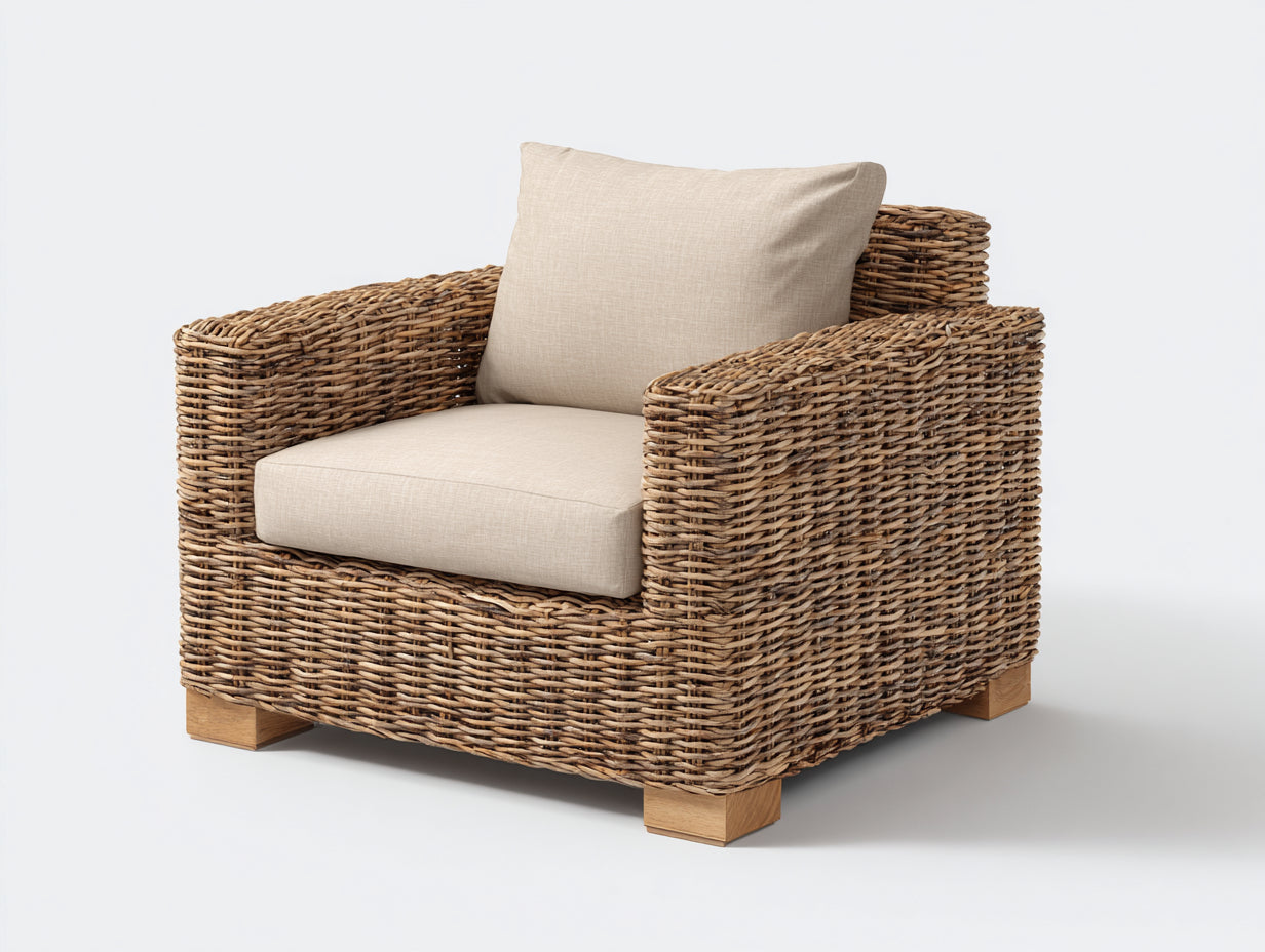 Fauteuil de jardin - Rotin-Tissu-Bois - 84x81x80 cm - Naturel-Beige - Style contemporain