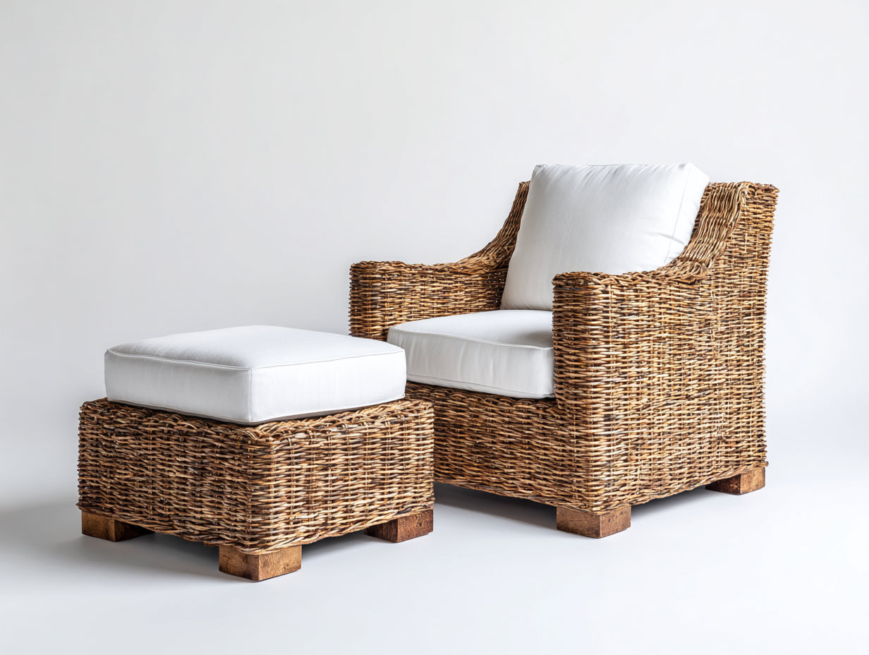 Fauteuil de jardin - Rotin-Tissu-Bois - 88x84x94 cm - Brun naturel-Blanc cassé - Style rustique