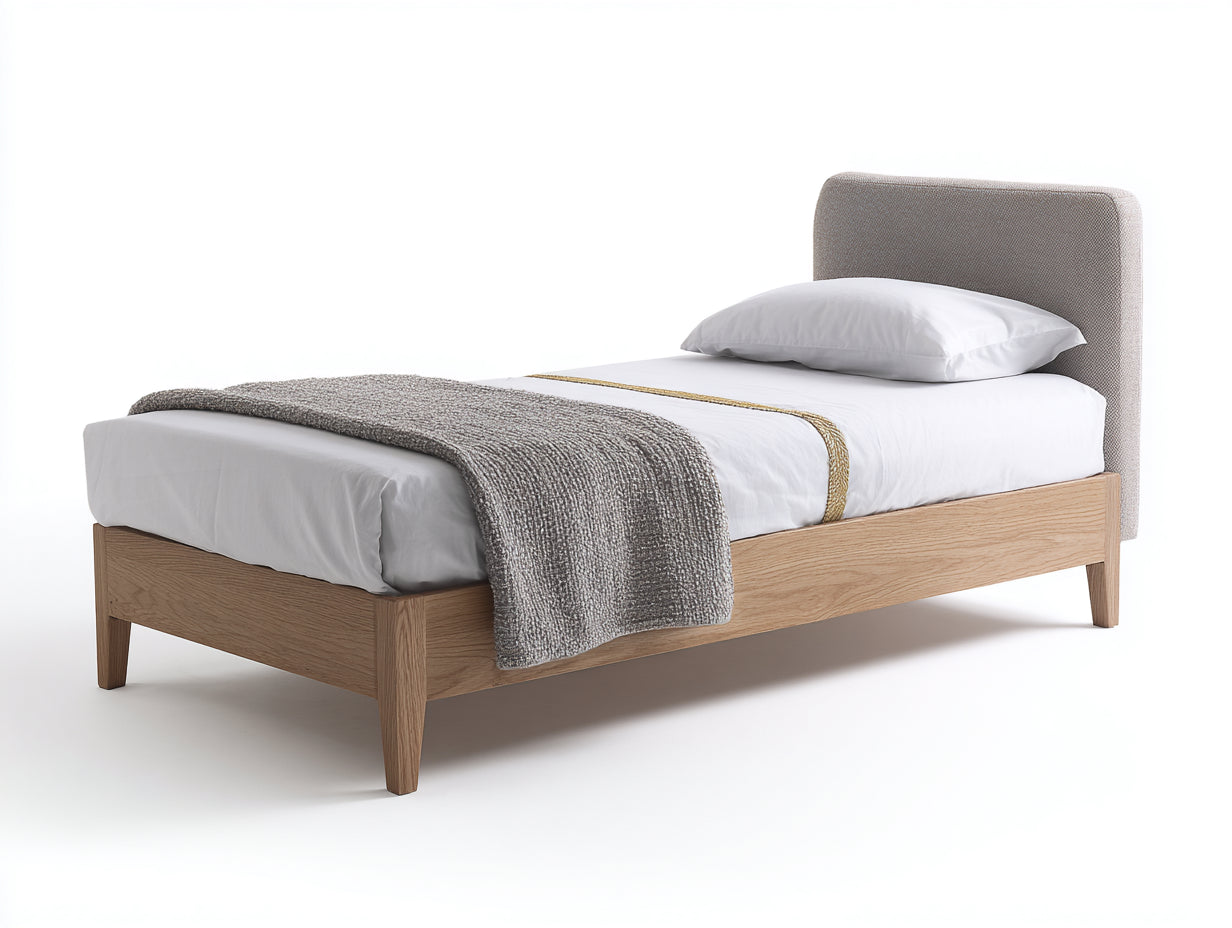 Lit simple - Bois-Tissu - 209 x 103 x 107 cm - Chêne naturel-Gris - Style contemporain