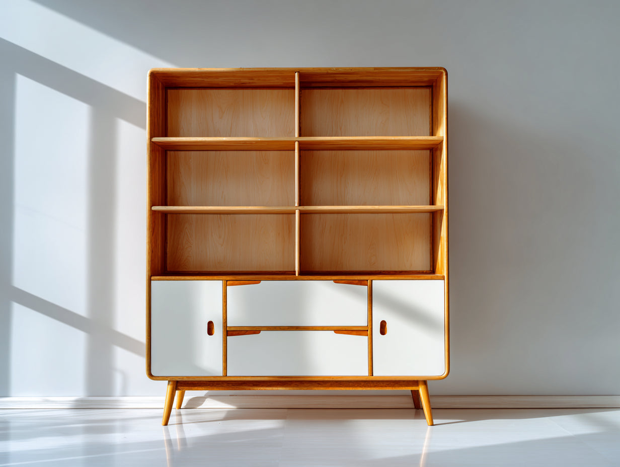 Bibliothèque - Bois - 118 x 39 x 174 cm - Chêne doré-Blanc - Style rétro scandinave
