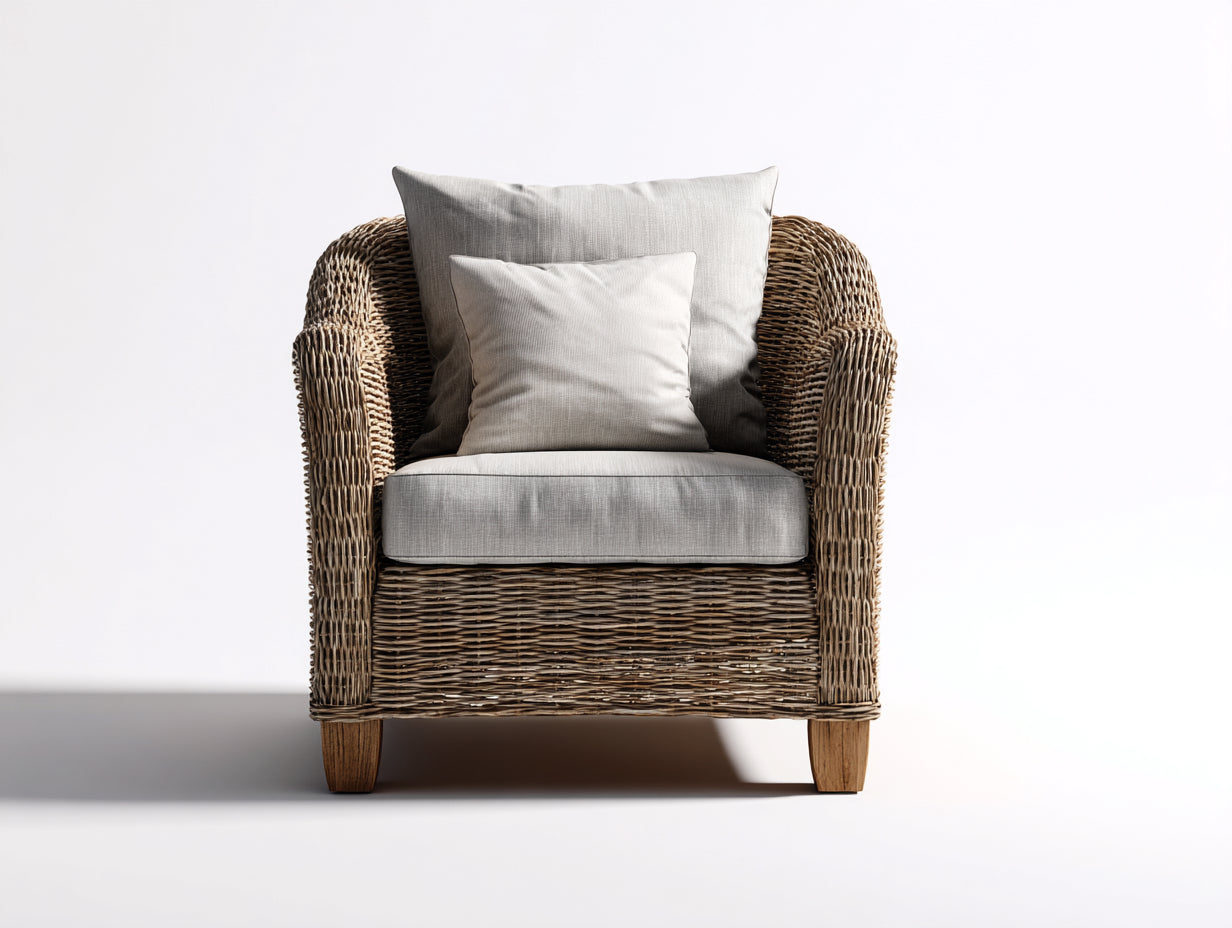 Fauteuil de jardin - Rotin-Tissu-Bois - 80x78x86 cm - Taupe naturel-Gris clair - Style bohème