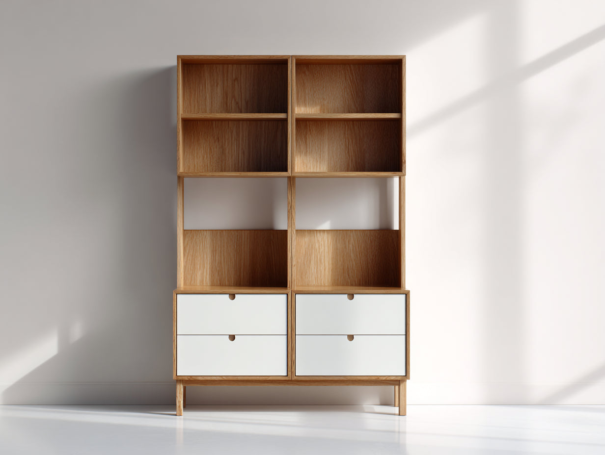 Bibliothèque - Bois - 109 x 37 x 183 cm - Chêne clair-Blanc - Style scandinave contemporain