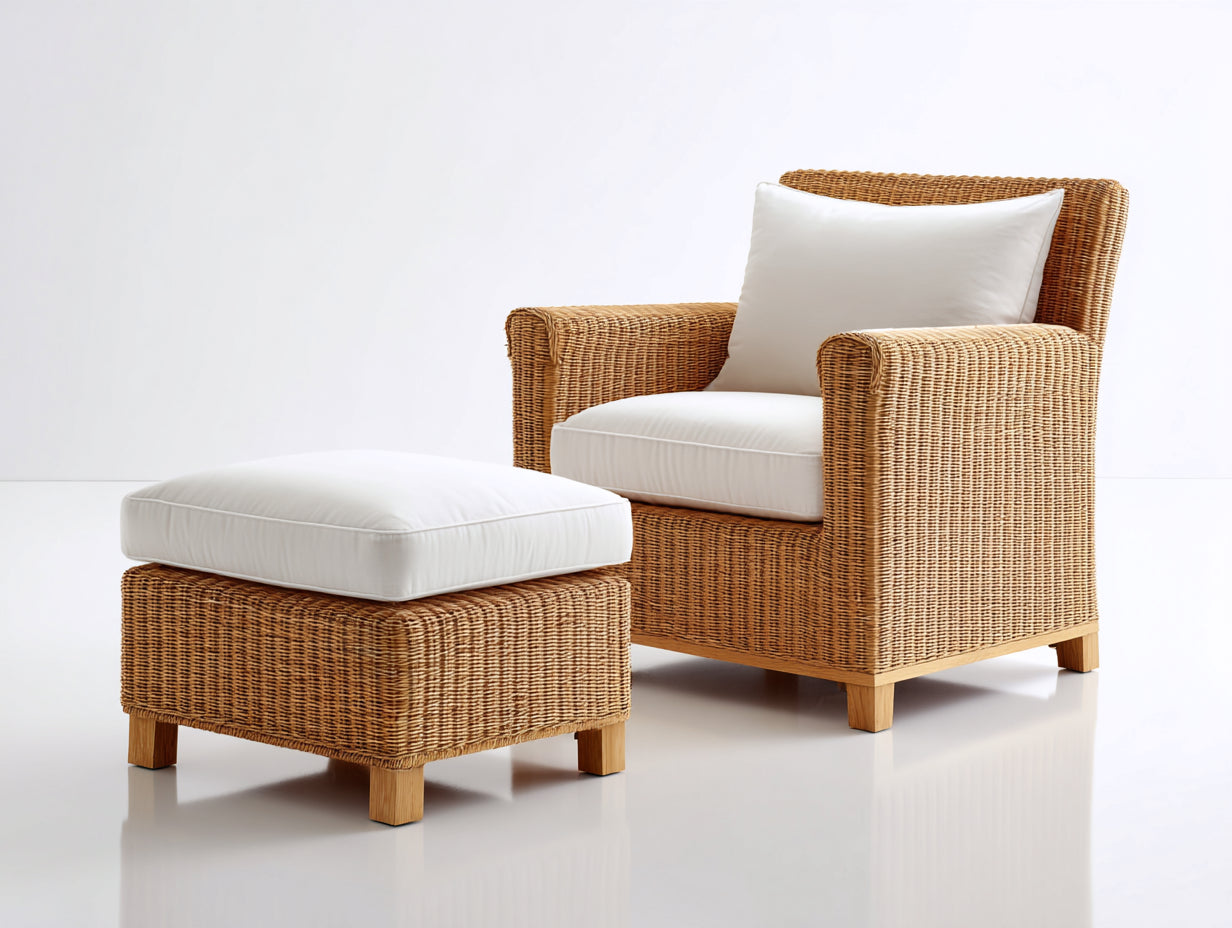 Fauteuil de jardin - Rotin-Tissu-Bois - 85x81x87 cm - Doré naturel-Blanc - Style minimaliste