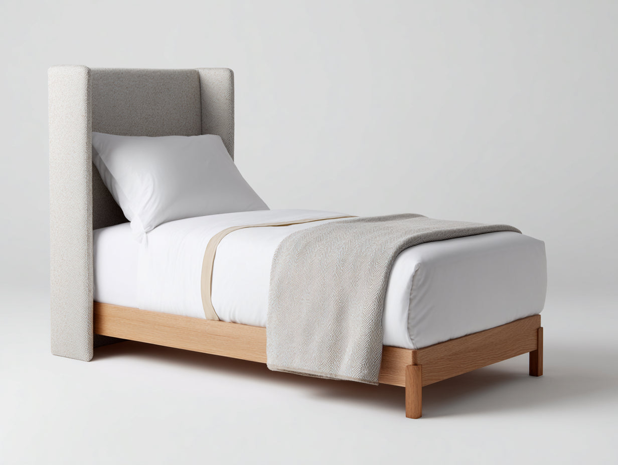 Lit simple - Bois-Tissu - 213 x 104 x 126 cm - Chêne naturel-Beige - Style contemporain
