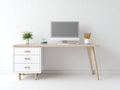 Bureau - Panneau de fibres de bois-Bois massif - 158 x 60 x 76 cm - Blanc-Bois naturel - Style scandinave asymétrique avec rangement