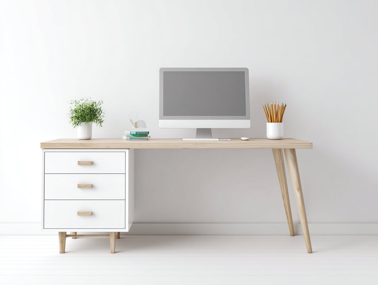 Bureau - Panneau de fibres de bois-Bois massif - 158 x 60 x 76 cm - Blanc-Bois naturel - Style scandinave asymétrique avec rangement