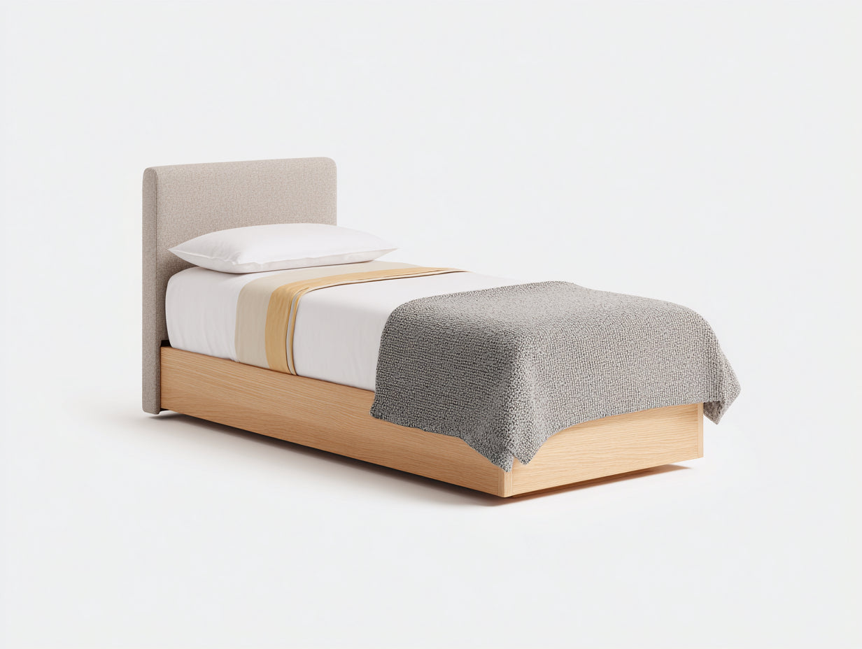 Lit simple - Bois-Tissu - 206 x 96 x 104 cm - Chêne clair-Beige - Style minimaliste
