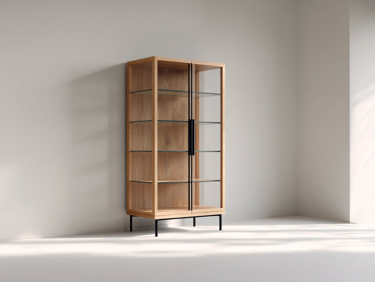 Bibliothèque - Bois-verre-métal - 88 x 39 x 176 cm - Bois naturel-Noir-Transparent - Style contemporain