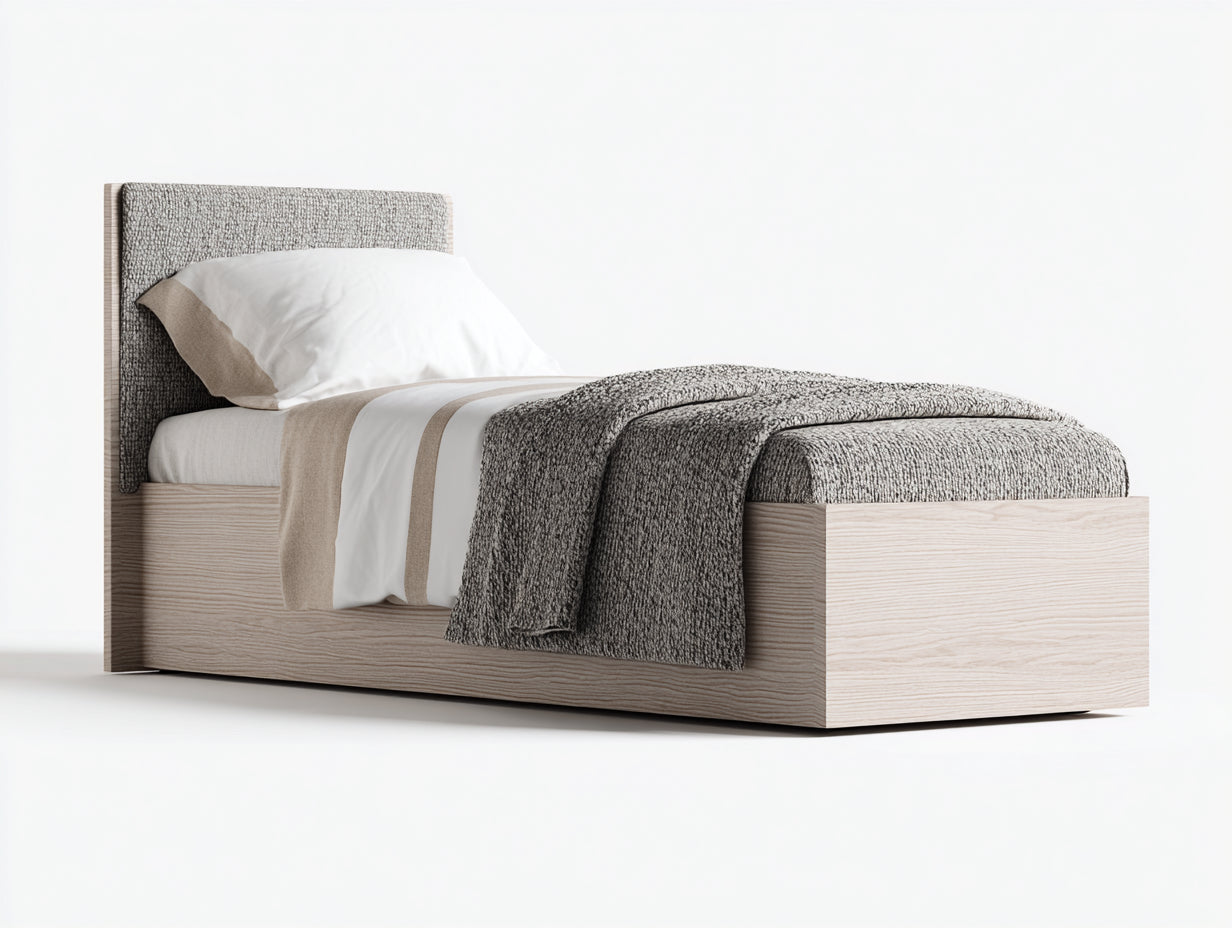 Lit simple - Bois-Tissu - 207 x 99 x 106 cm - Frêne clair-Gris - Style scandinave