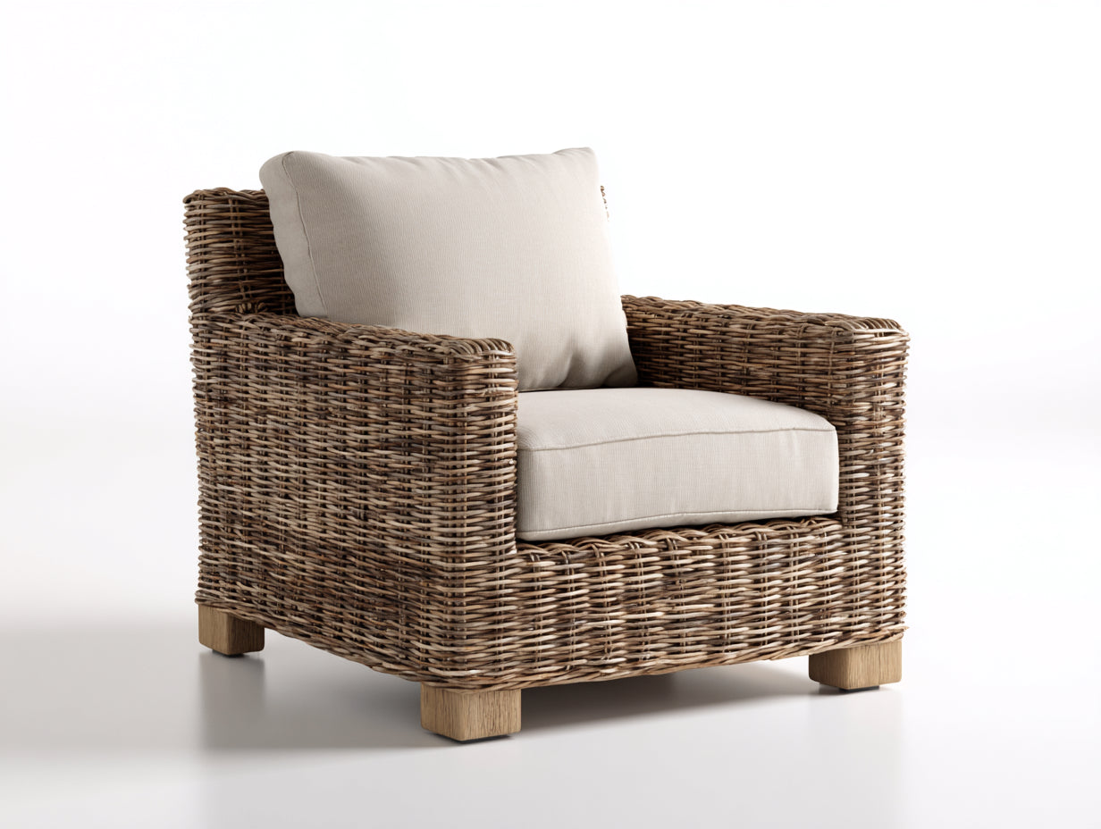 Fauteuil de jardin - Rotin-Tissu-Bois - 82x79x78 cm - Brun grisé-Beige clair - Style moderne