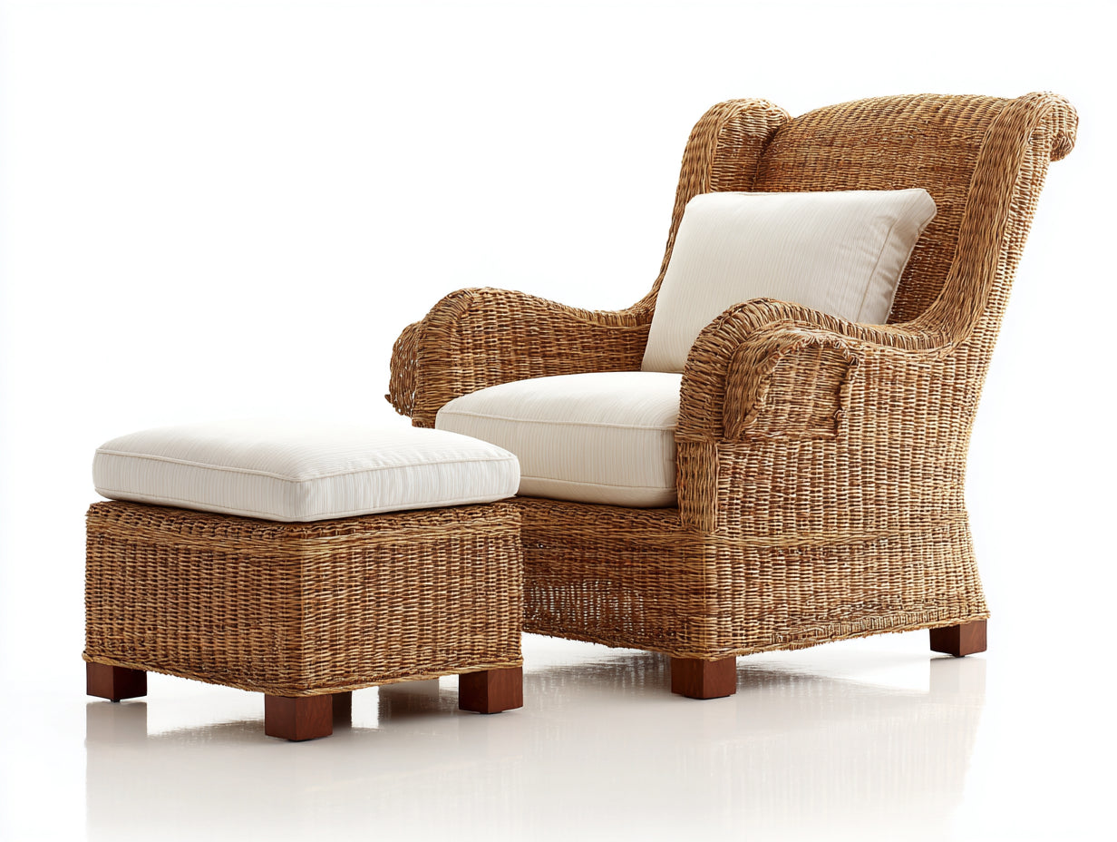 Fauteuil de jardin - Rotin-Tissu-Bois - 91x86x103 cm - Naturel-Écru - Style classique