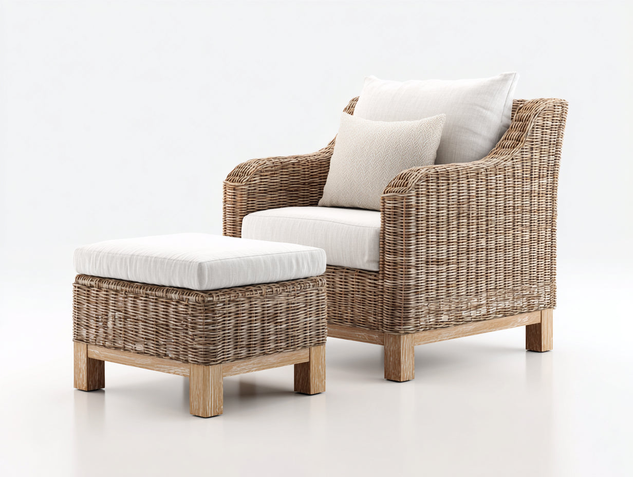 Fauteuil de jardin - Rotin-Tissu-Bois - 86x82x91 cm - Gris naturel-Blanc cassé - Style côtier